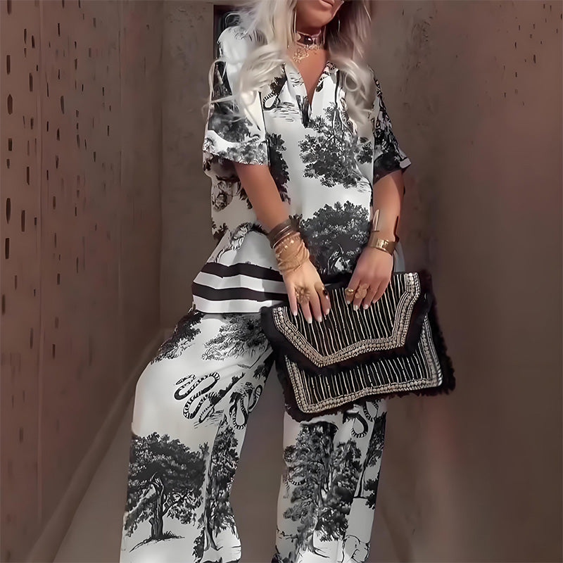 Blusa estampada con cuello en V + pantalón largo LuvaModa