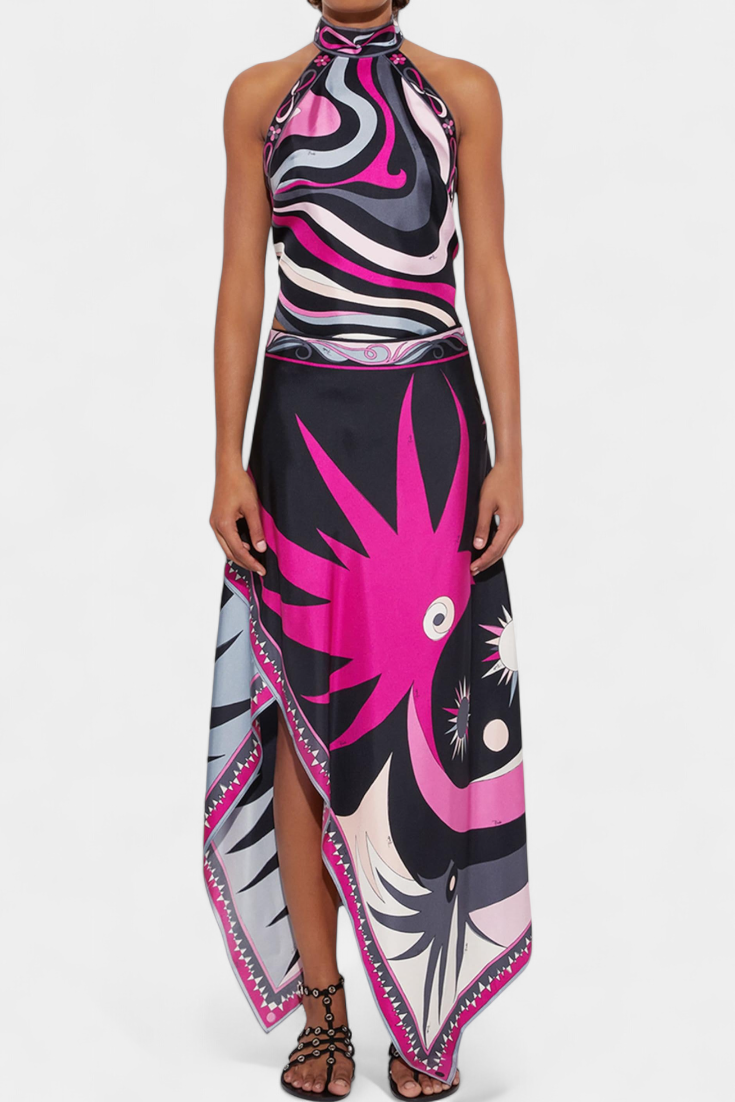 Conjunto de satén Ciana con falda abstracta y top halter LuvaModa