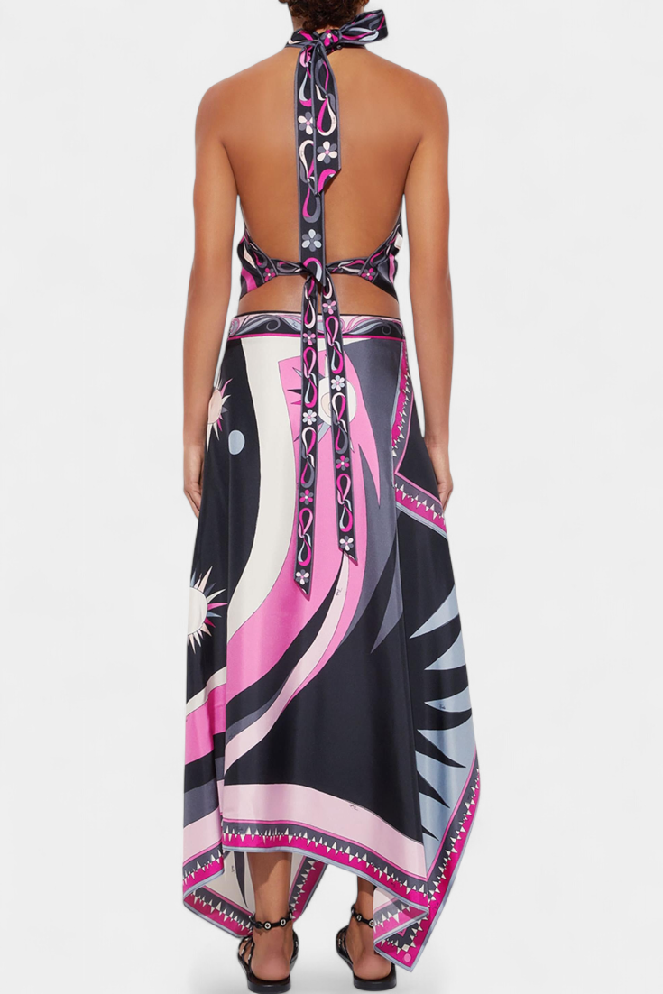 Conjunto de satén Ciana con falda abstracta y top halter LuvaModa