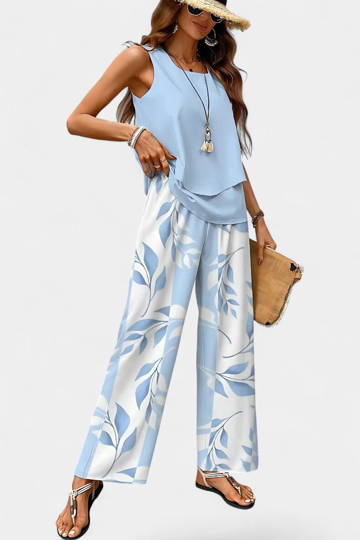 Conjunto elegante bohemio sin mangas Martina con pantalones rectos estampados LuvaModa