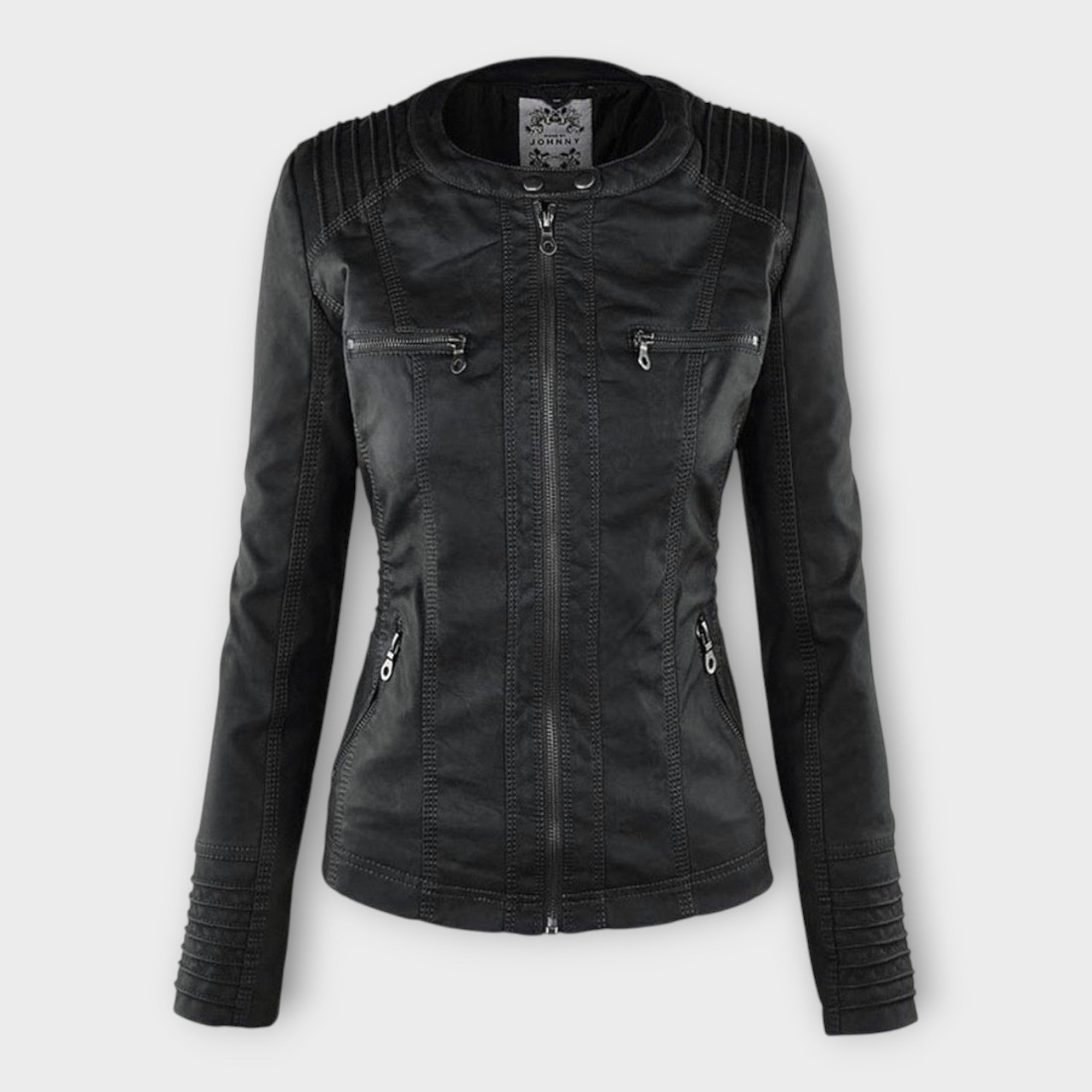 Chaqueta de cuero moderna con capucha y línea atemporal Luvamoda