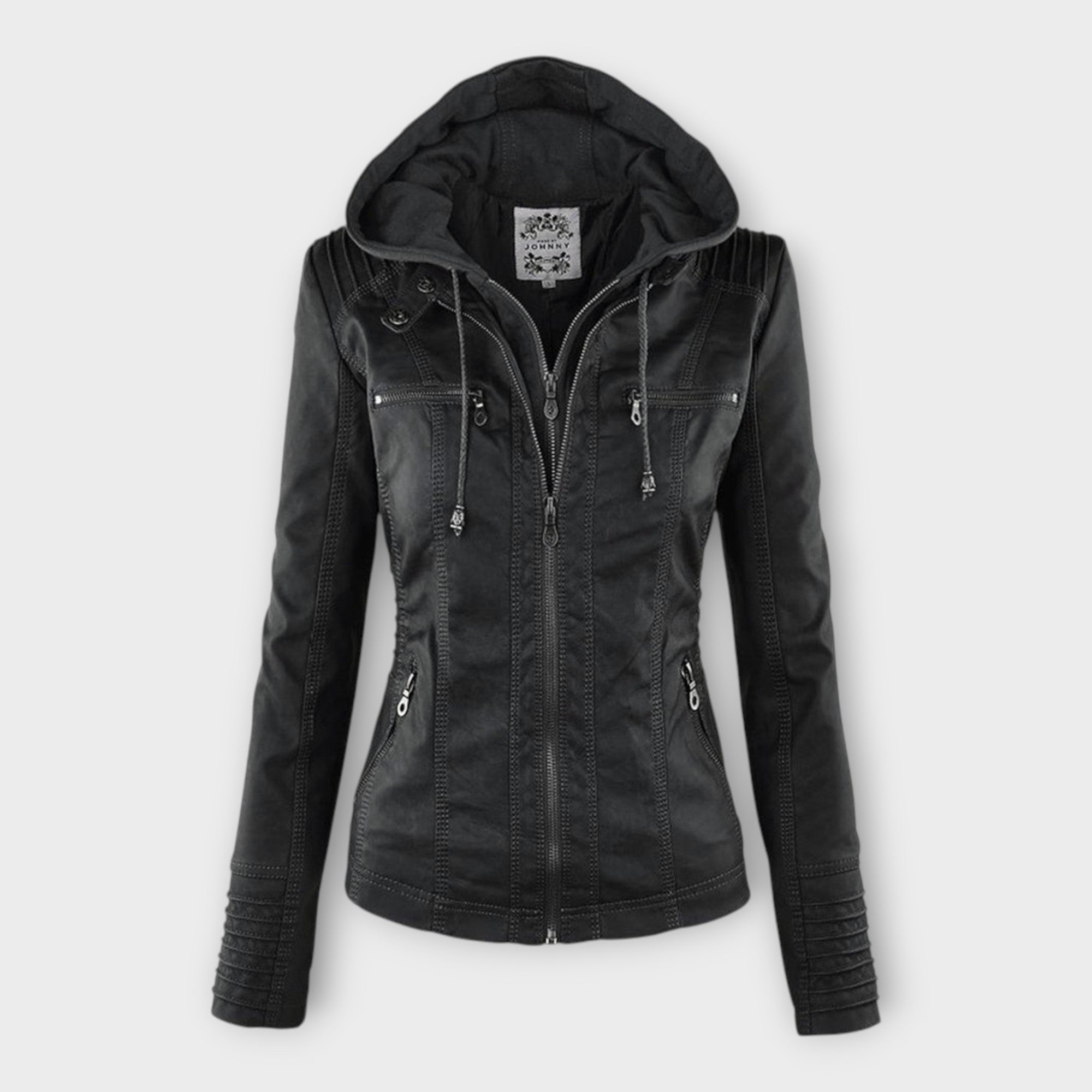 Chaqueta de cuero moderna con capucha y línea atemporal Luvamoda