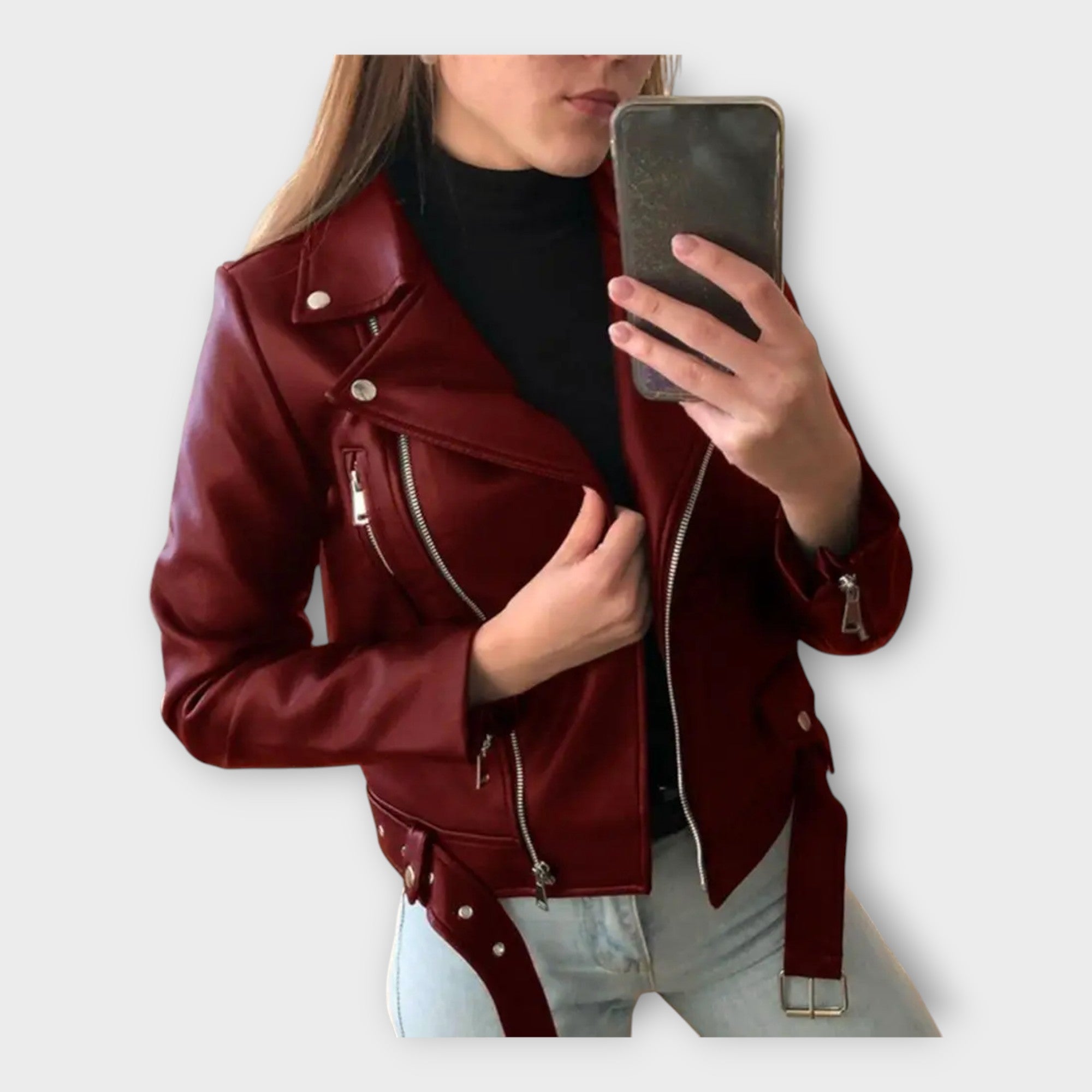 Chaqueta de cuero moderna con cinturón y cremallera Luvamoda