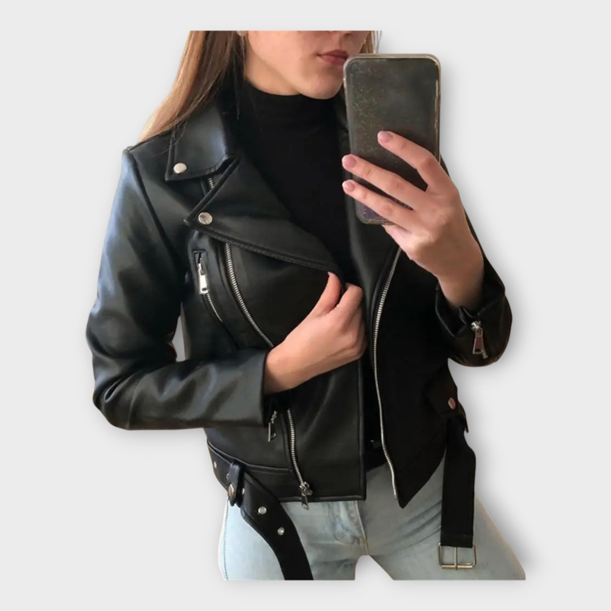 Chaqueta de cuero moderna con cinturón y cremallera Luvamoda