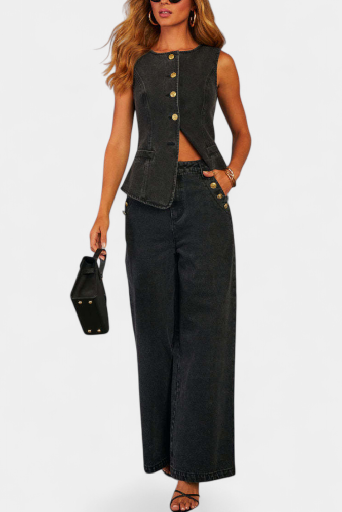 Conjunto de jeans Ludovica con chaleco ajustado y pantalón ancho LuvaModa