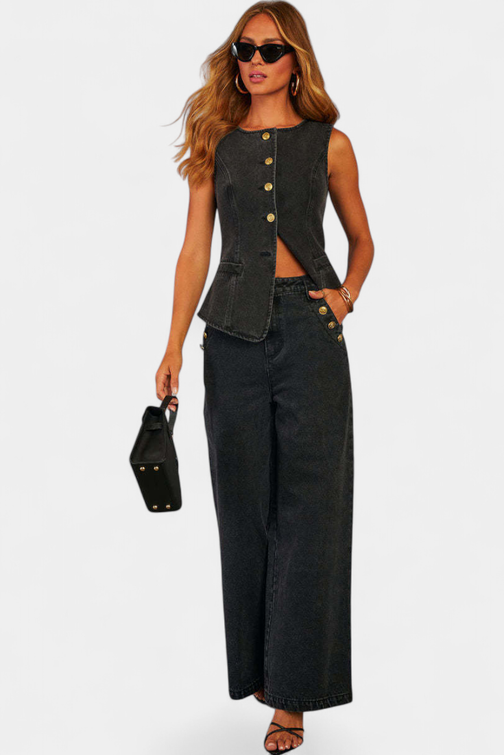 Conjunto de jeans Ludovica con chaleco ajustado y pantalón ancho LuvaModa