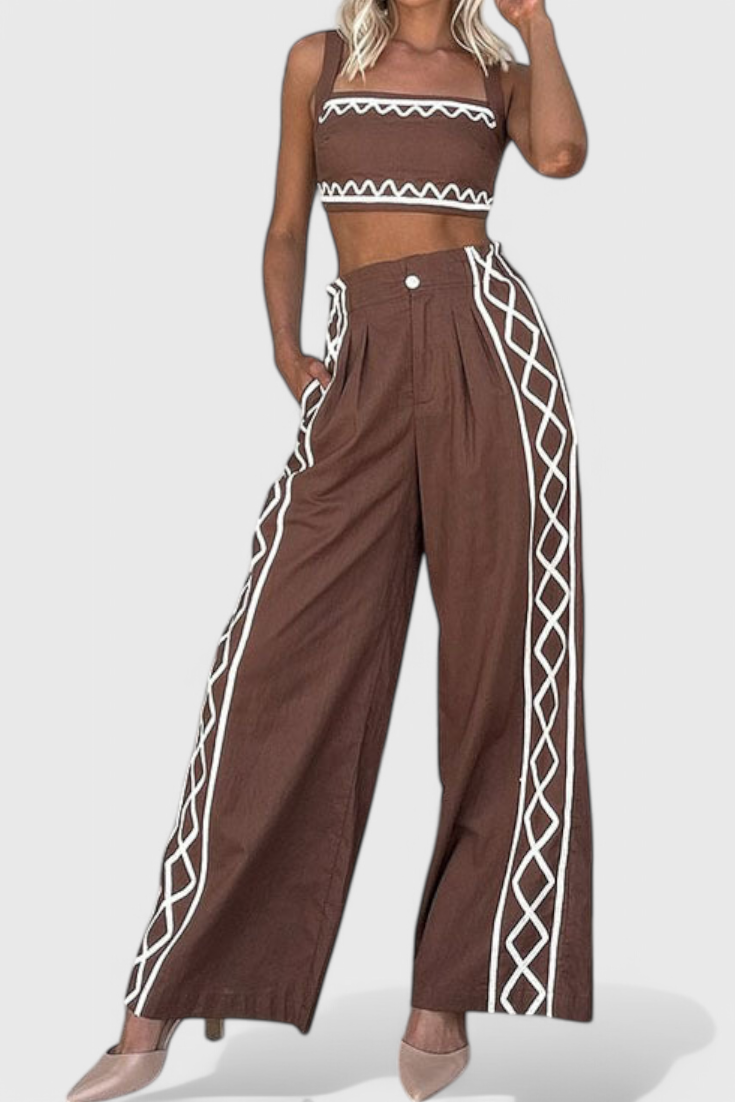 Conjunto de top corto Mirella y pantalón ancho con estampado en zigzag LuvaModa