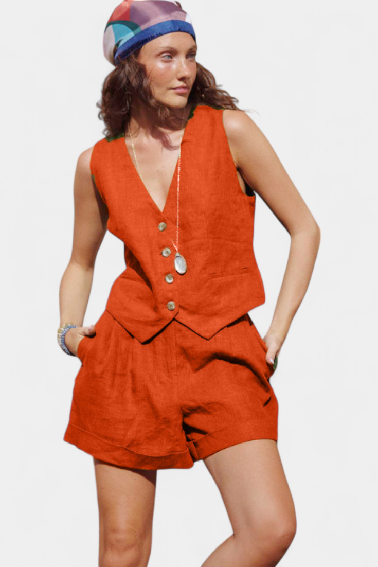 Conjunto de chaleco y pantalones cortos de lino y algodón ennifer LuvaModa