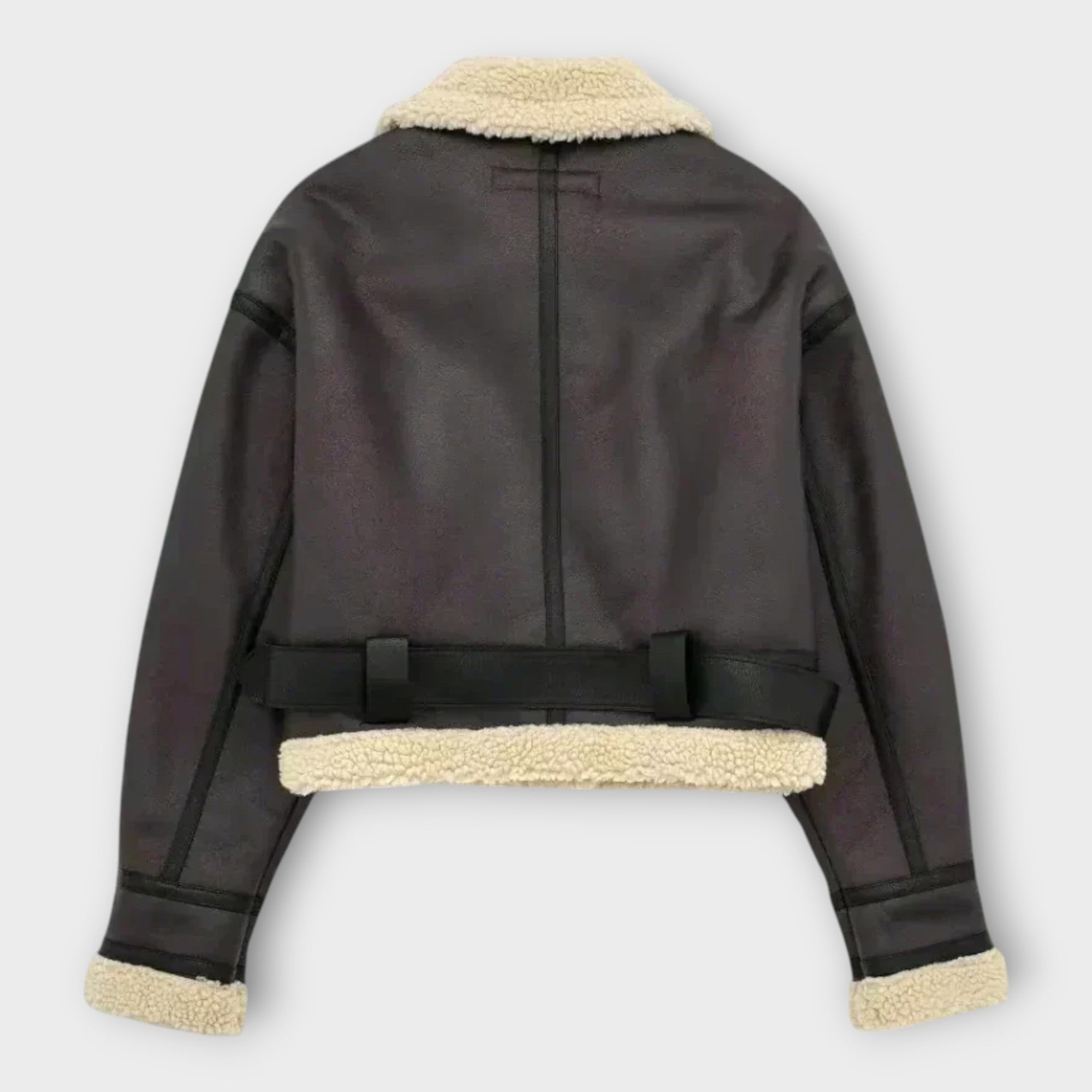 Chaqueta corta de cuero con pelo y cinturón Luvamoda