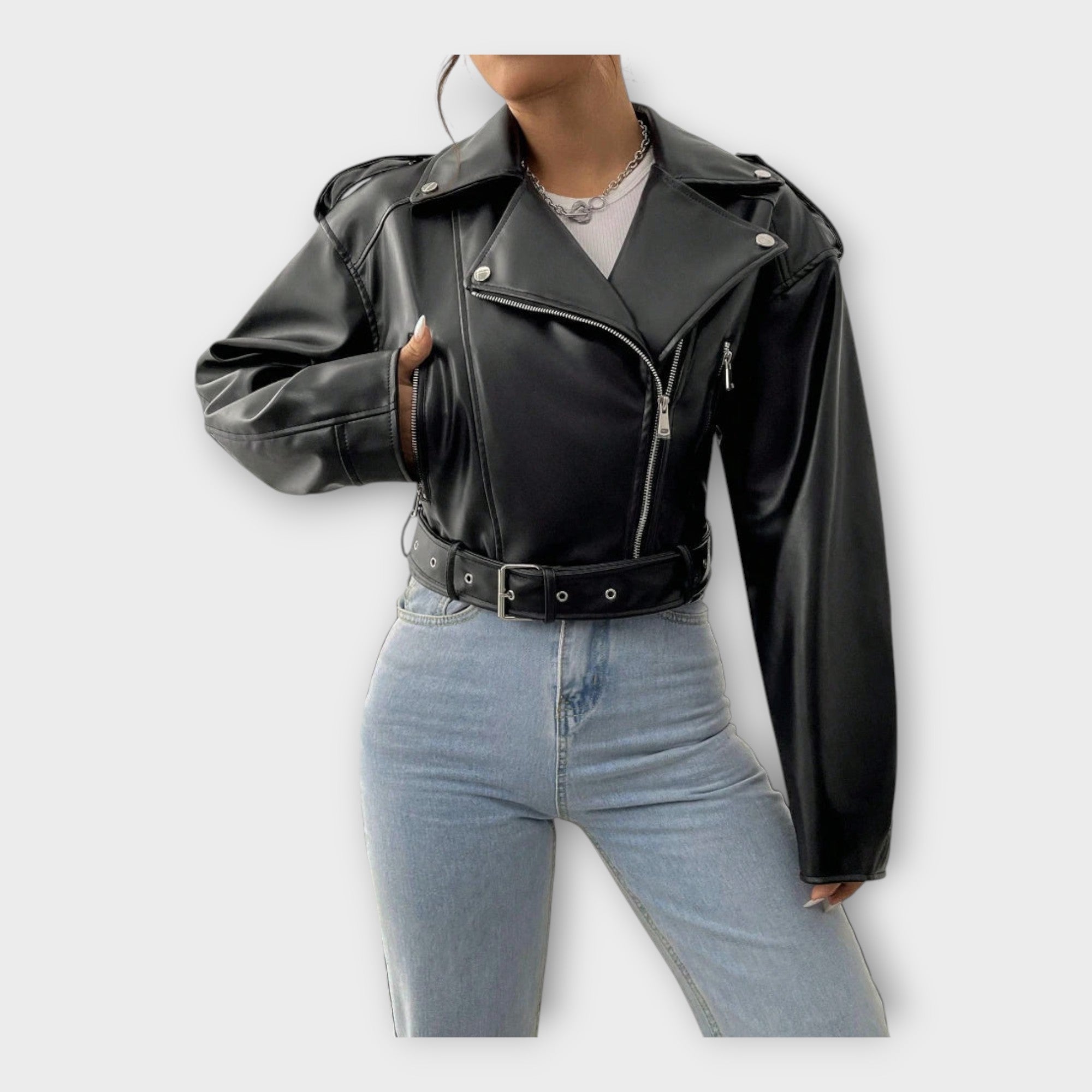 Chaqueta corta de cuero con cinturón Luvamoda
