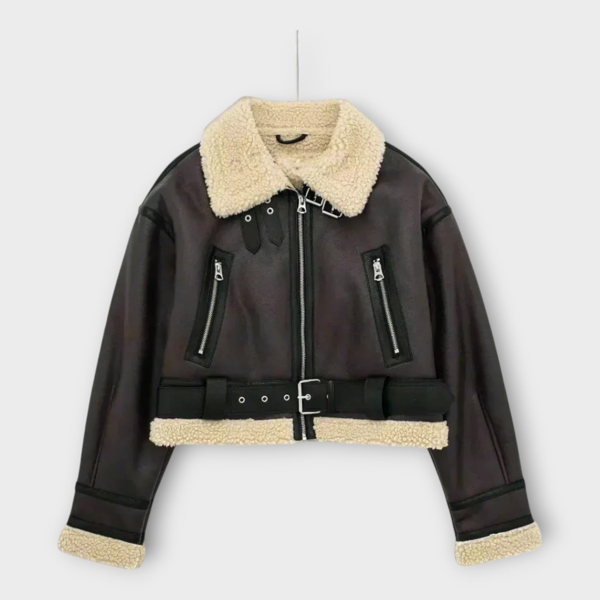 Chaqueta corta de cuero con pelo y cinturón Luvamoda