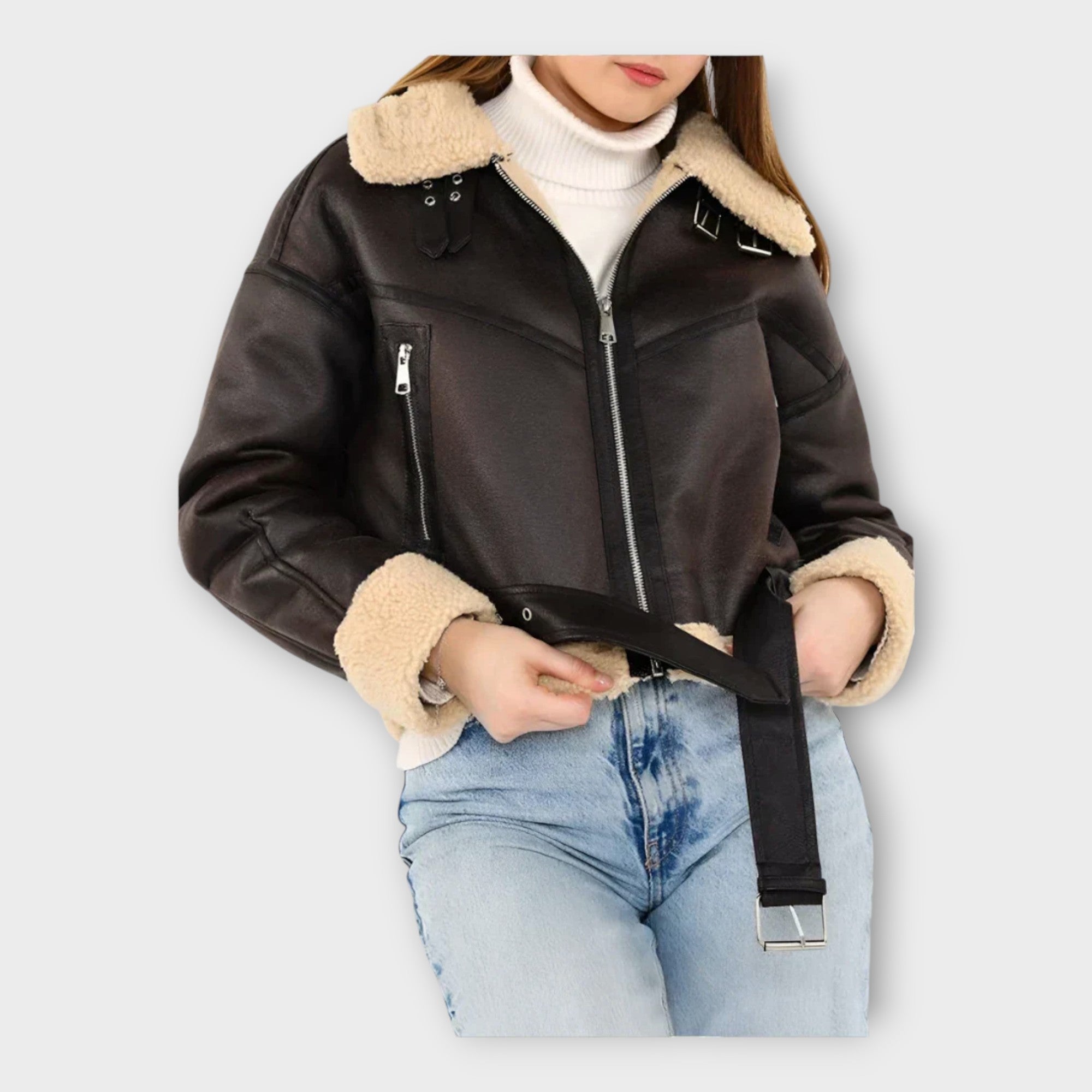 Chaqueta de cuero moderna con forro y cinturón Luvamoda