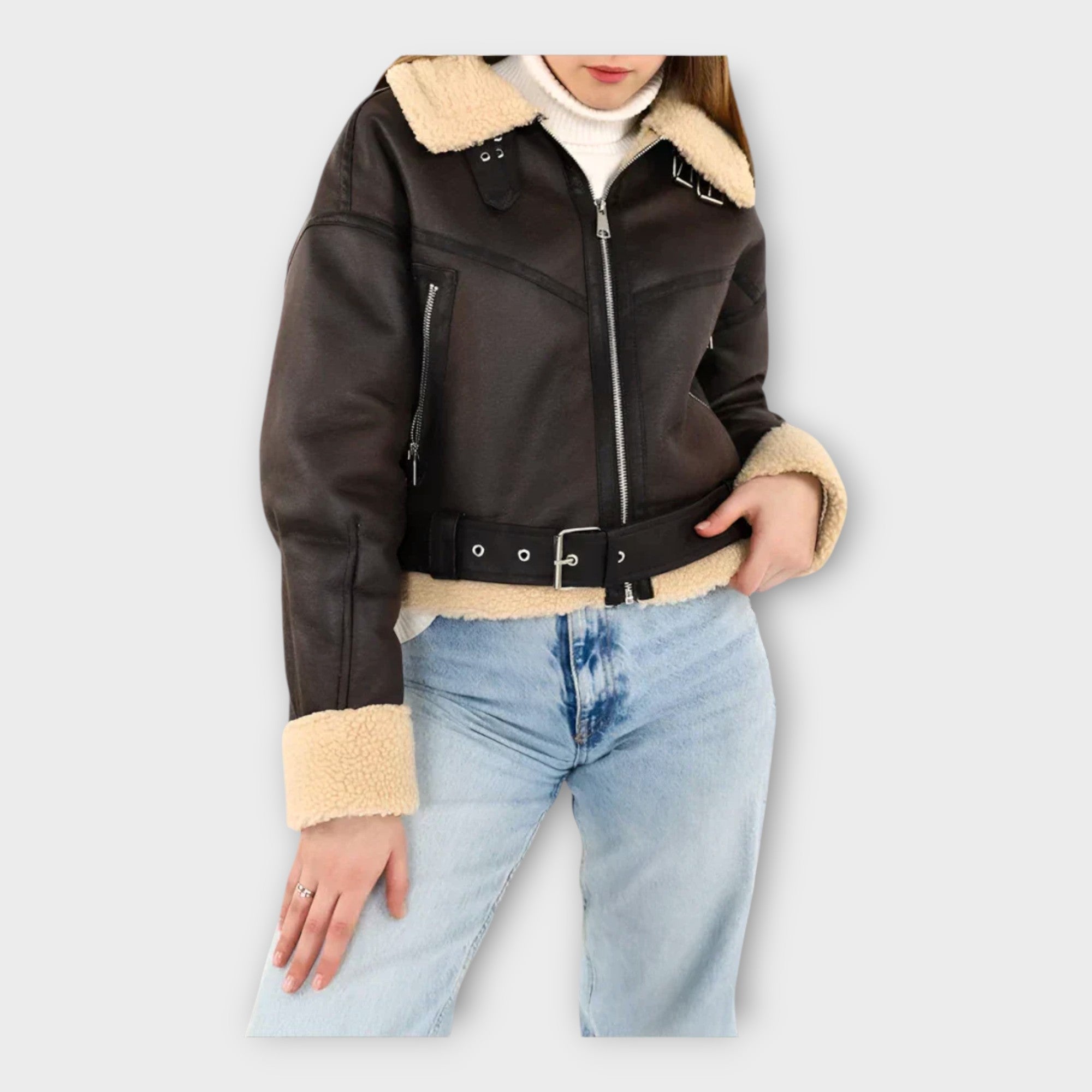 Chaqueta de cuero moderna con forro y cinturón Luvamoda