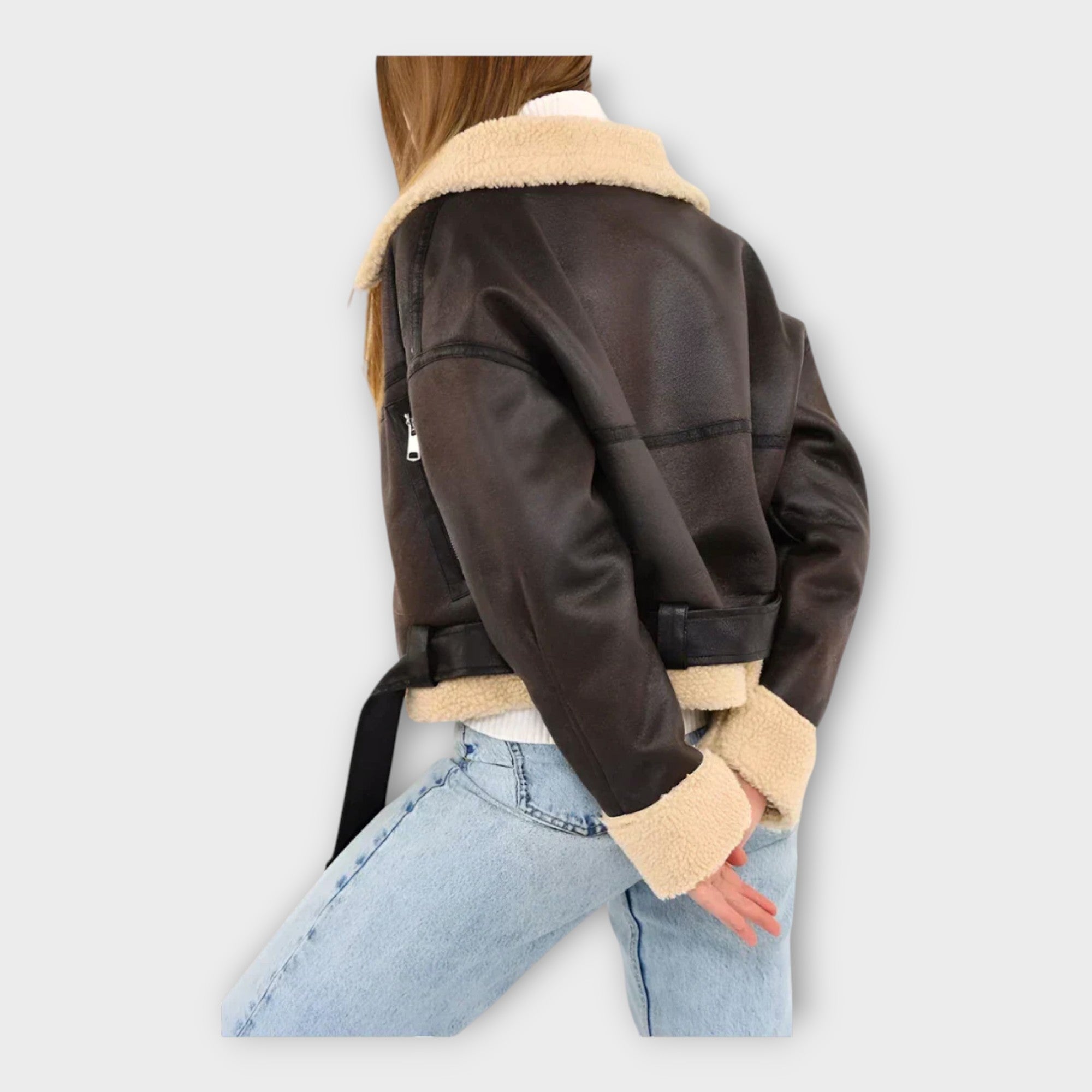 Chaqueta de cuero moderna con forro y cinturón Luvamoda