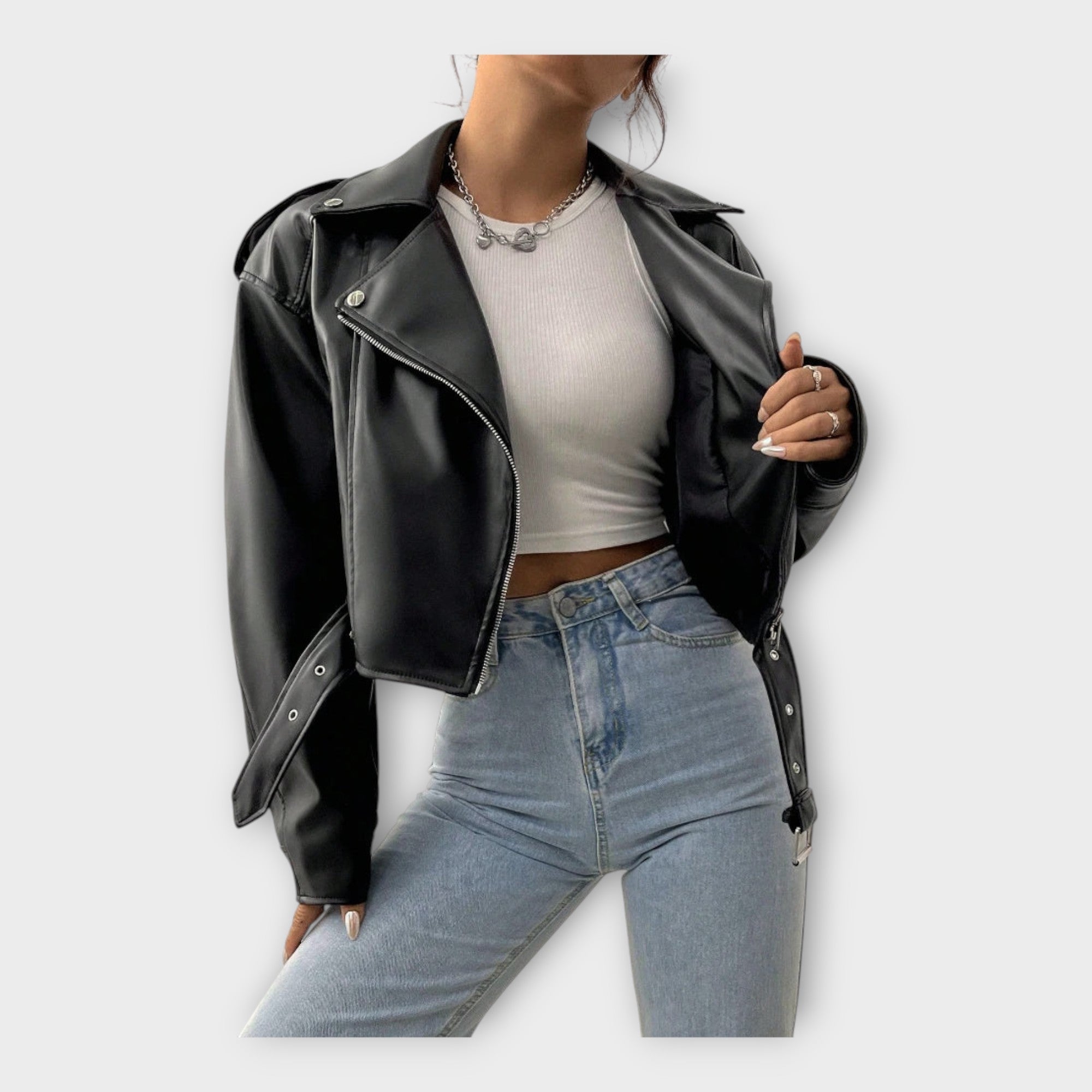 Chaqueta corta de cuero con cinturón Luvamoda