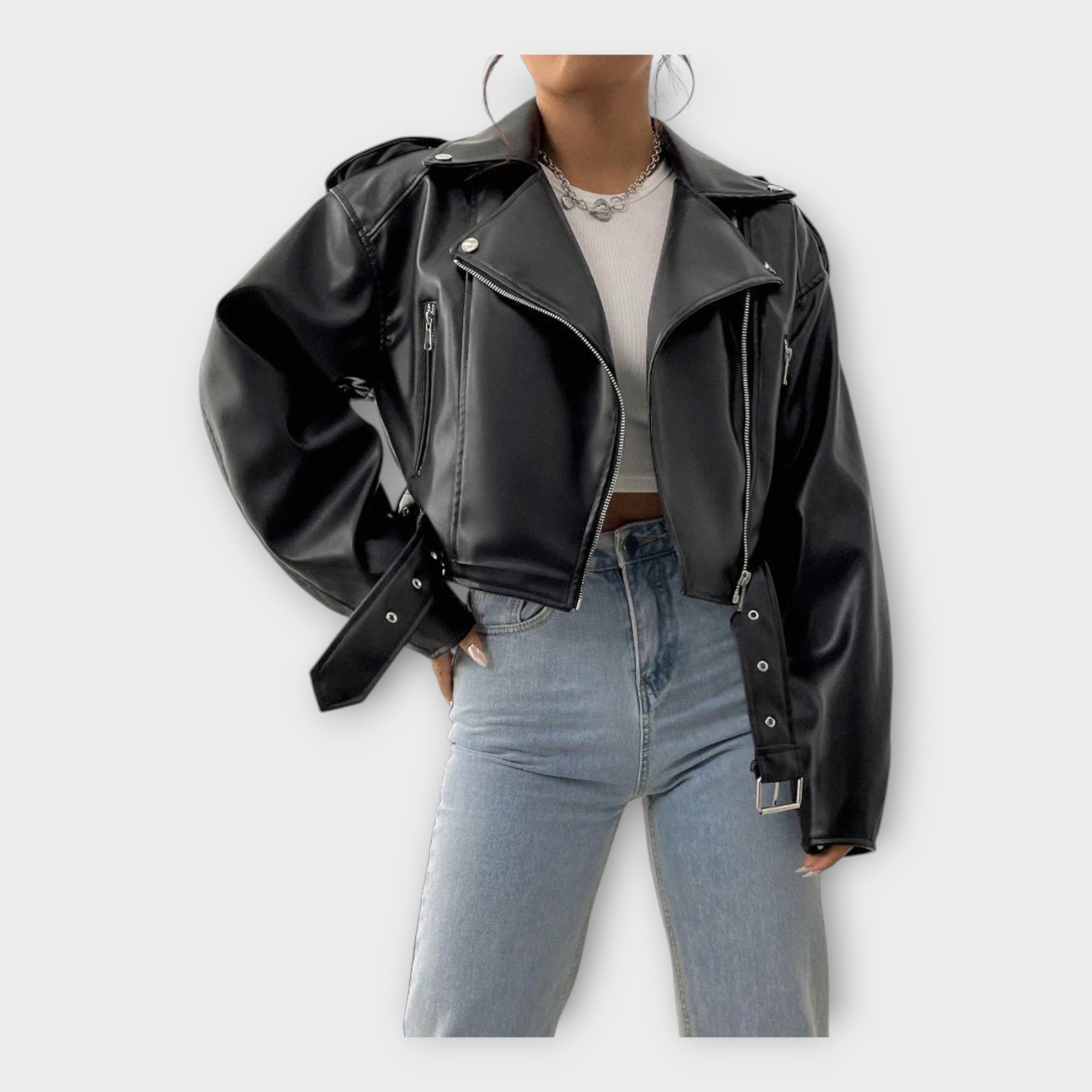 Chaqueta corta de cuero con cinturón Luvamoda