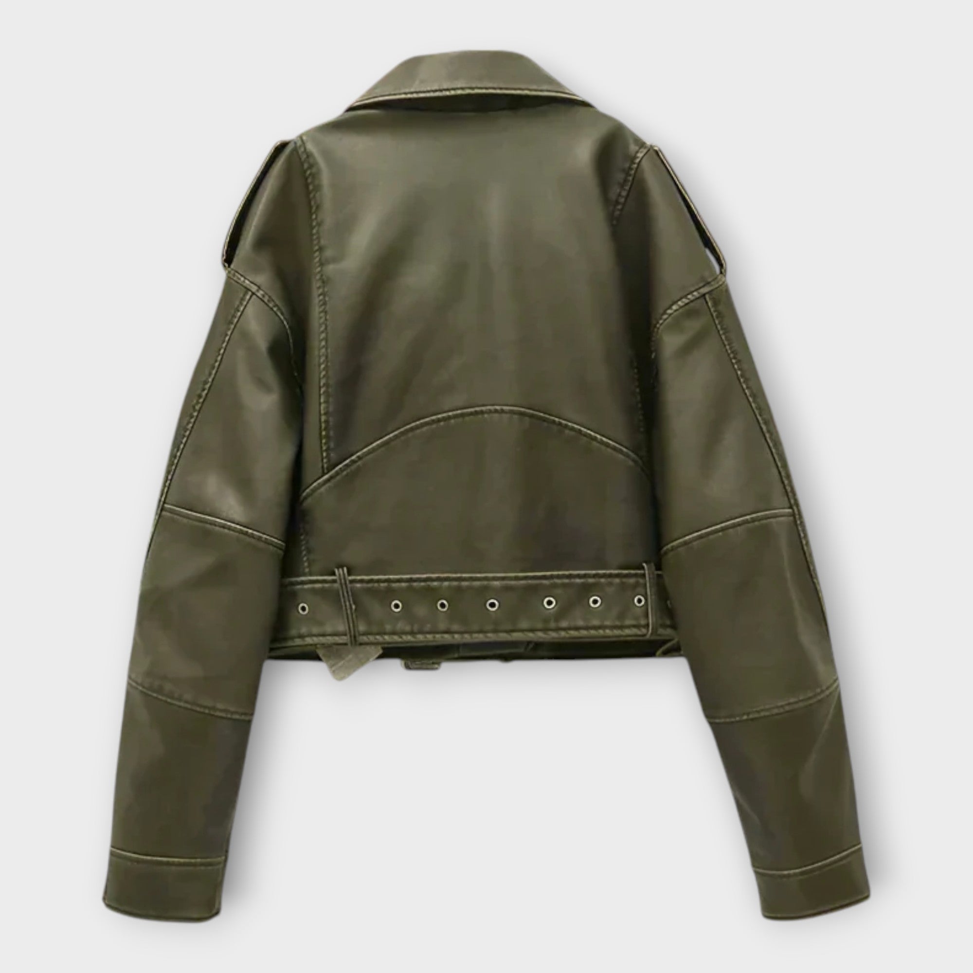Moderna chaqueta corta de cuero con cinturón y estética sofisticada Luvamoda