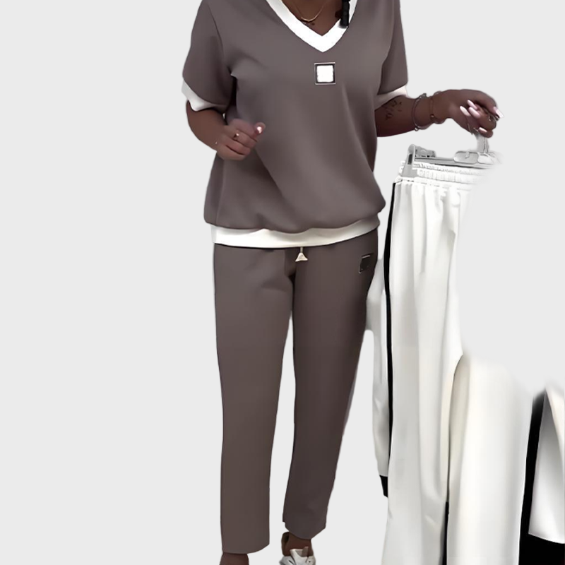 Conjunto de top y pantalón con cuello en V para mujer LuvaModa