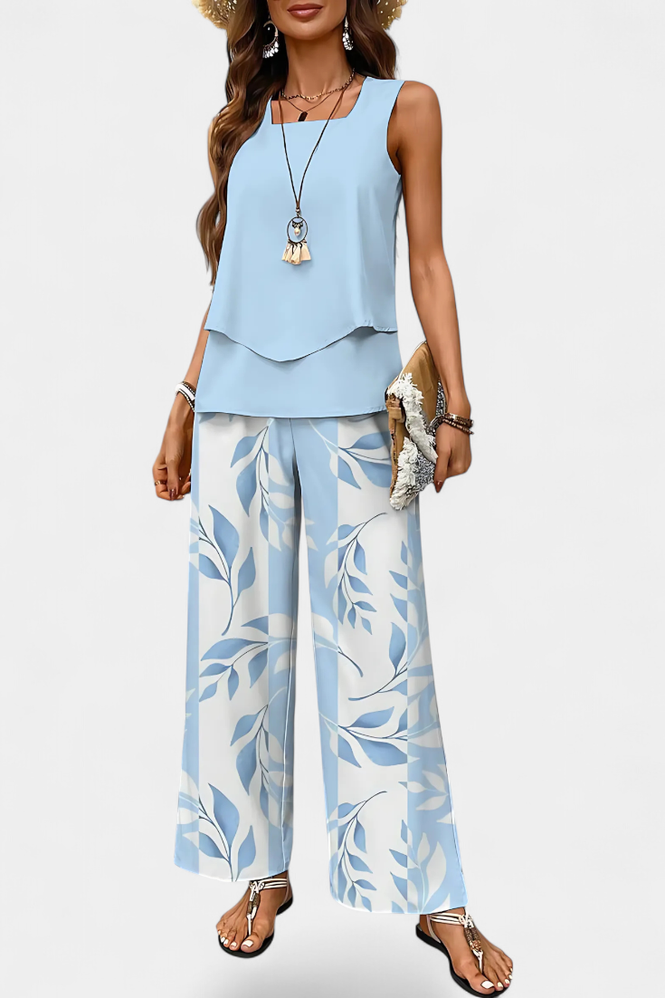 Conjunto elegante bohemio sin mangas Martina con pantalones rectos estampados LuvaModa