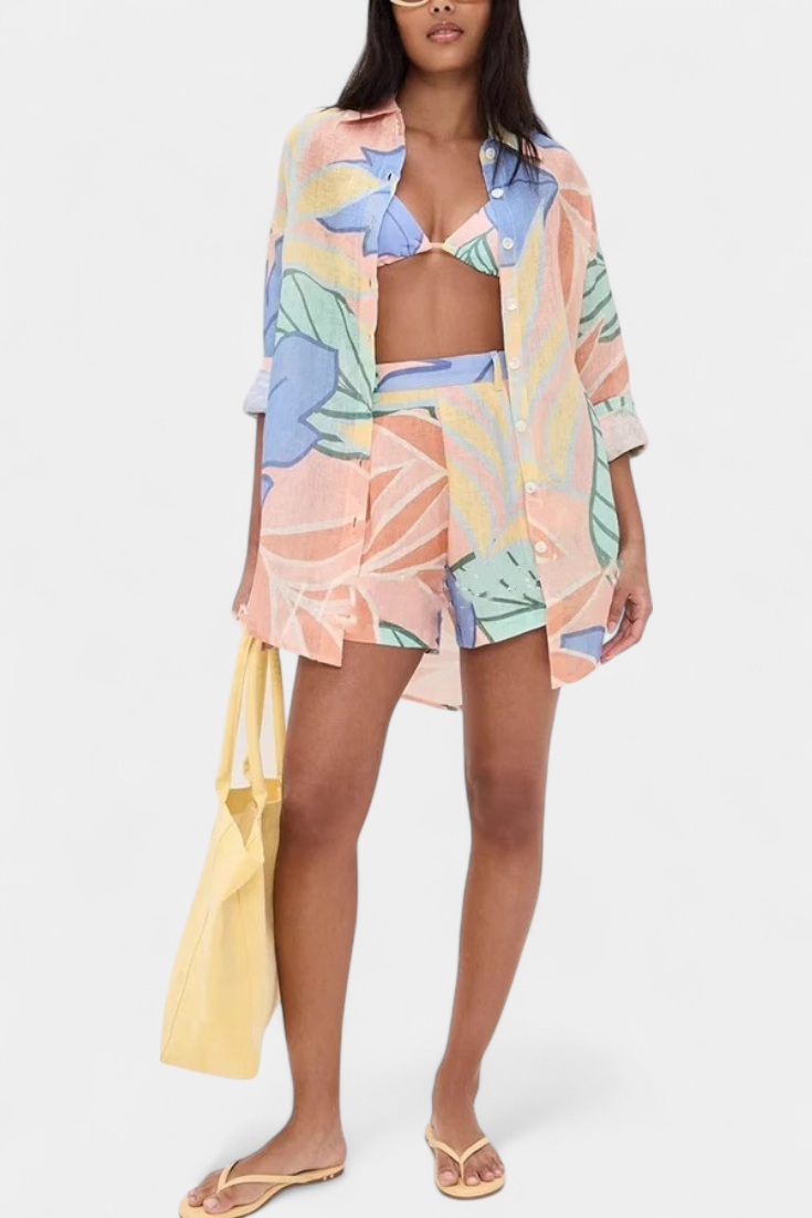 Conjunto de camisa holgada tropical Lumina y pantalones cortos de cintura alta LuvaModa