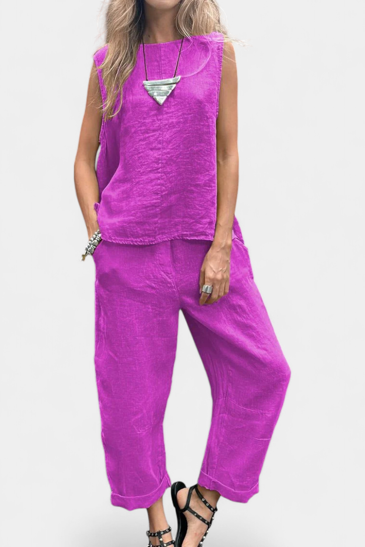 Conjunto de chaleco y pantalón sin mangas de algodón y lino Leona LuvaModa