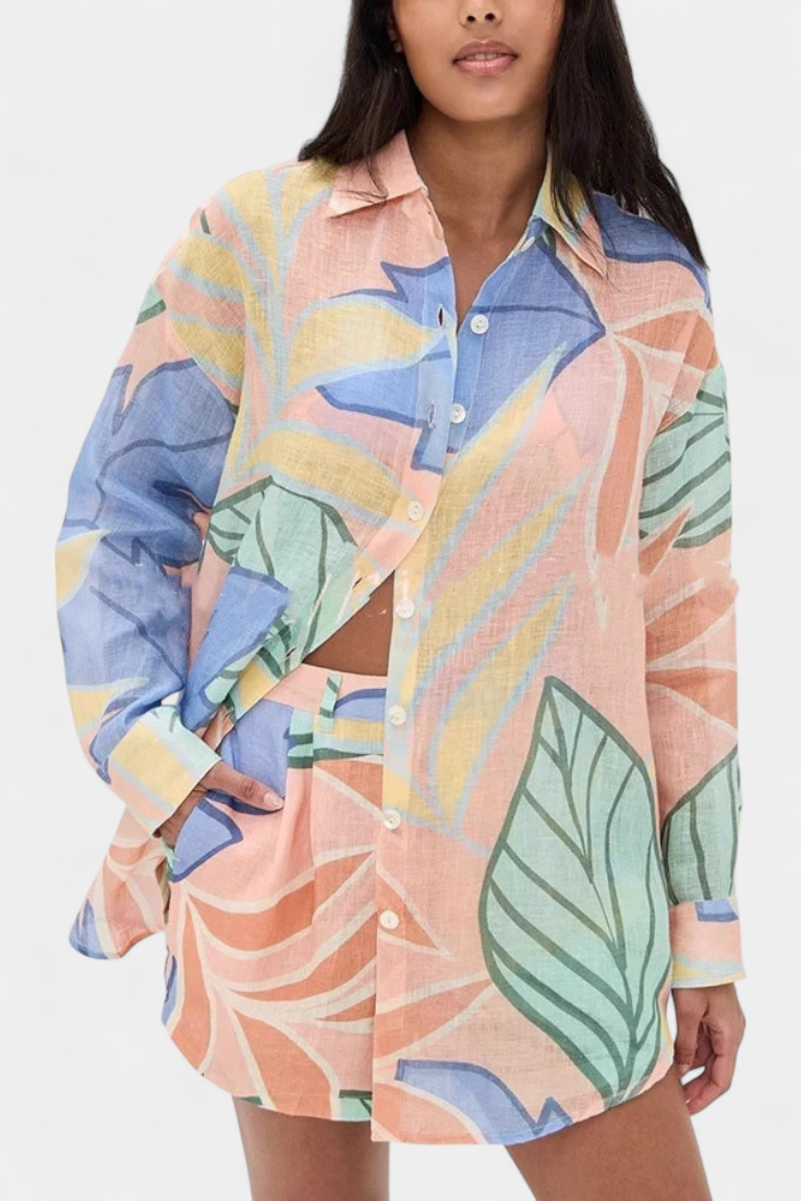 Conjunto de camisa holgada tropical Lumina y pantalones cortos de cintura alta LuvaModa