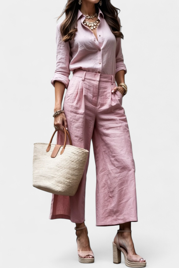Conjunto Sabina Rosa con Camisa Aireada y Pantalón Capri LuvaModa