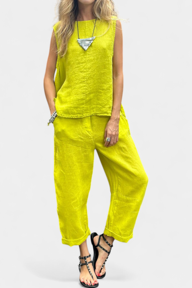 Conjunto de chaleco y pantalón sin mangas de algodón y lino Leona LuvaModa