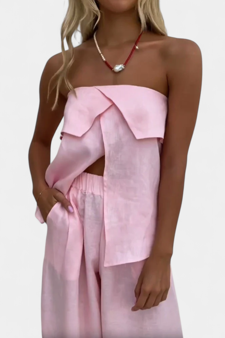 Conjunto Oriana sin tirantes con falda fruncida en estampado monocromático LuvaModa