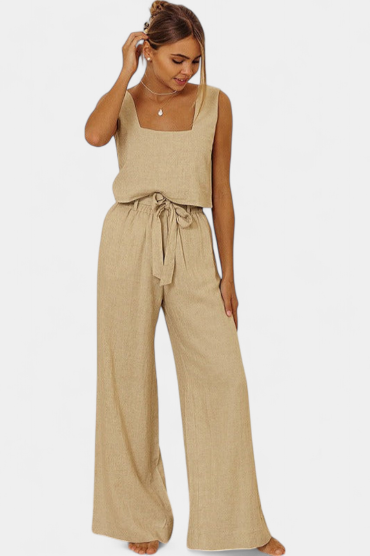 Conjunto de dos piezas de lino Pascuala con blusa sin mangas y pantalón vaporoso LuvaModa