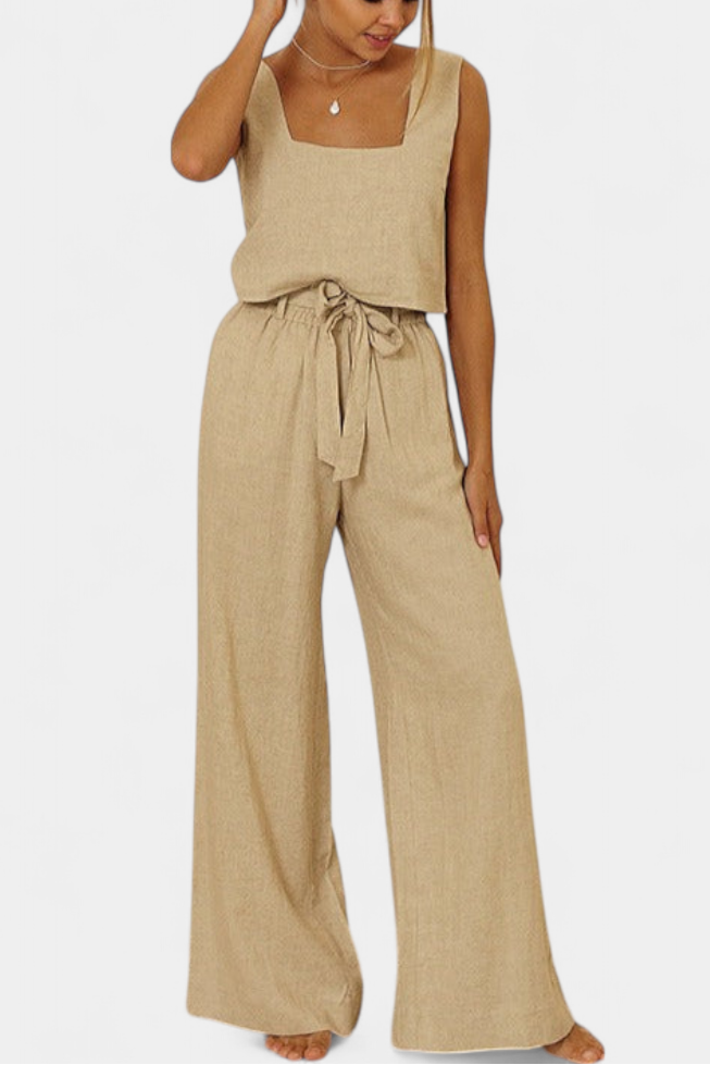 Conjunto de dos piezas de lino Pascuala con blusa sin mangas y pantalón vaporoso LuvaModa
