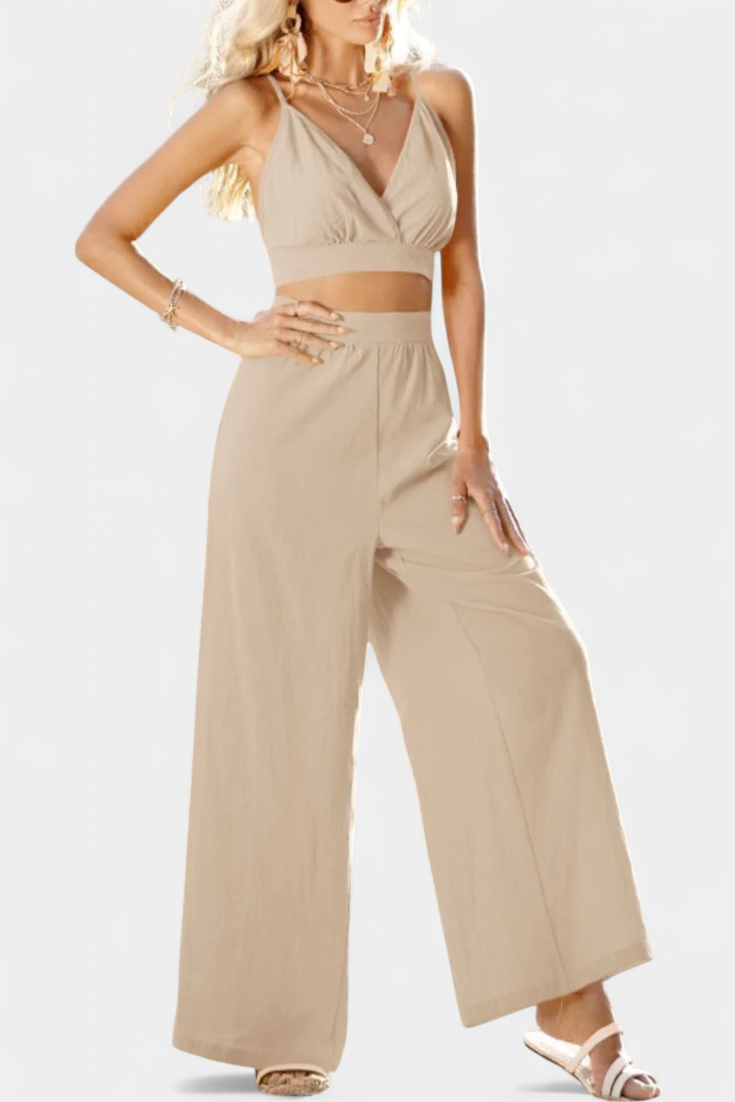 Conjunto Valentina de chaleco de encaje con espalda abierta y pantalones de pierna ancha LuvaModa