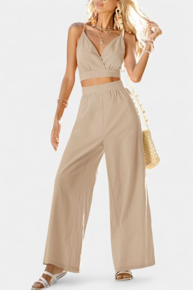 Conjunto Valentina de chaleco de encaje con espalda abierta y pantalones de pierna ancha LuvaModa